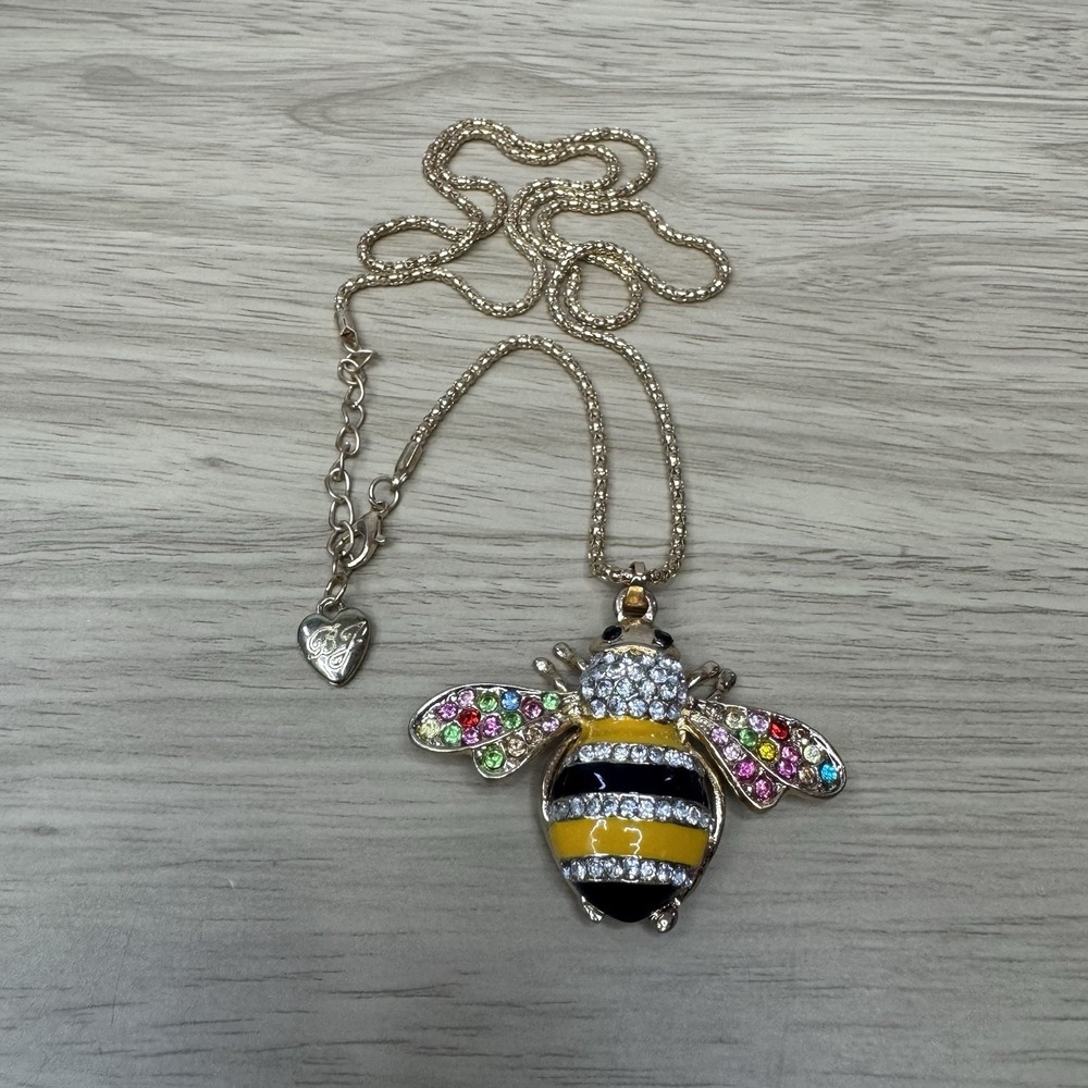 Betsey Johnson 3D Bumble Bee Rhinestone Necklace Rainbow Wings - Picture 2 of 7